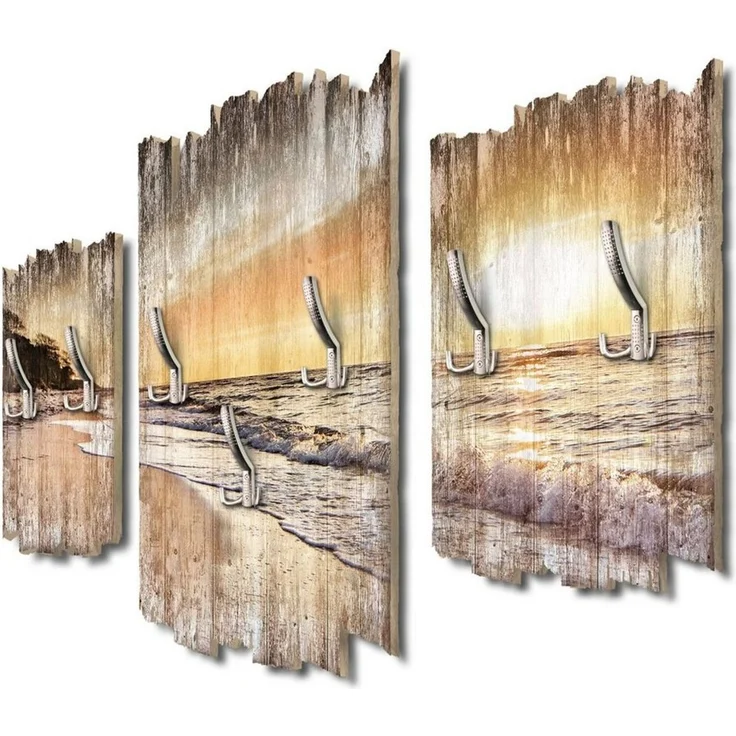 Kreative Feder Wandgarderobe Strandspaziergang, Dreiteilige Wandgarderobe aus Holz