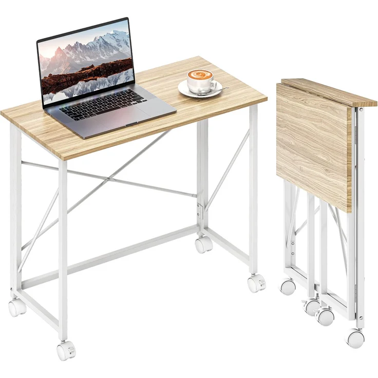 MELAYR, Klappbarer Schreibtisch mit Rädern, platzsparend, Stahl, MDF, Natur, 80 x 40 x 75 cm, Naturholz – Bild 1