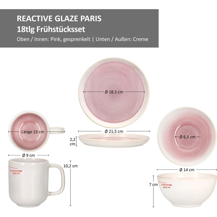 18tlg Frühstücksset Reactive Glaze Paris Steingut Teller Schalen Becher Pink – Bild 7