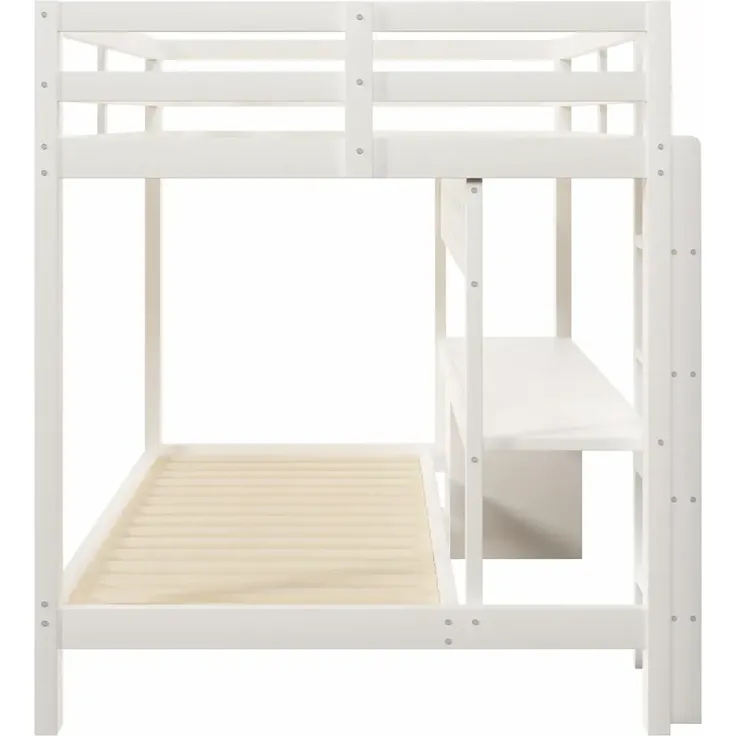 Etagenbett mit Schreibtisch, LED-Beleuchtung, Lattenrost, Wandgitter, Schubladen, Rausfallschutz, Trittleiter und Regal, 140x200 cm/90x200 cm, Kinderbett, Kiefer – Bild 8