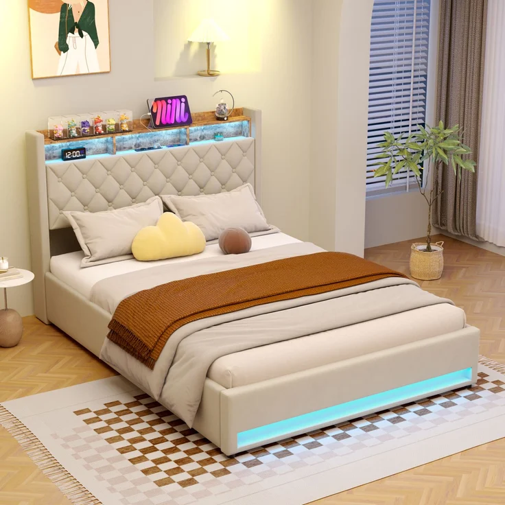 Luxuriöses Polsterbett aus Samt mit Matratze & Lattenrost, 160x200 cm, Beige – Bild 9