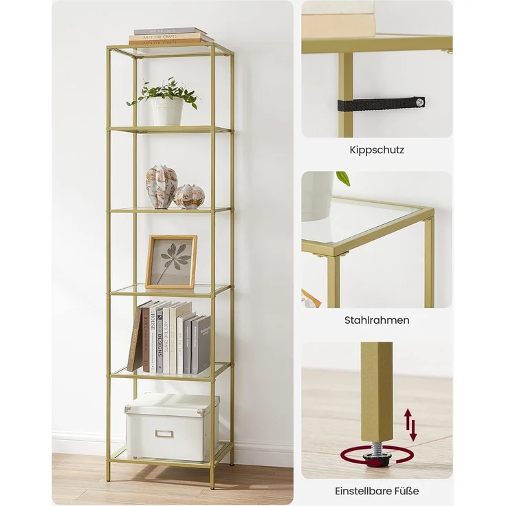 Vasagle Standregal mit 6 Ablagen, Glas, Metall, Gold, 30 x 40 x 177,3 cm – Bild 7