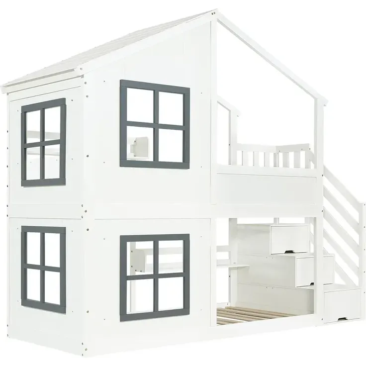 Etagenbett mit 2 Liegeflächen, Lattenrost, Regal, Treppe, Stauraum und Rausfallschutz, 90x200cm, Kinderbett, Jugendbett – Bild 8