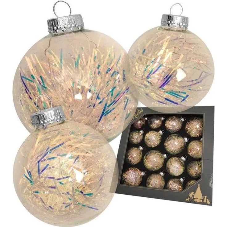 Krebs Glas Lauscha Weihnachtsbaumkugel Lametta Gold, ca. 5/6/7cm große, transparente Kugeln - goldfarbene Lametta-Füllung