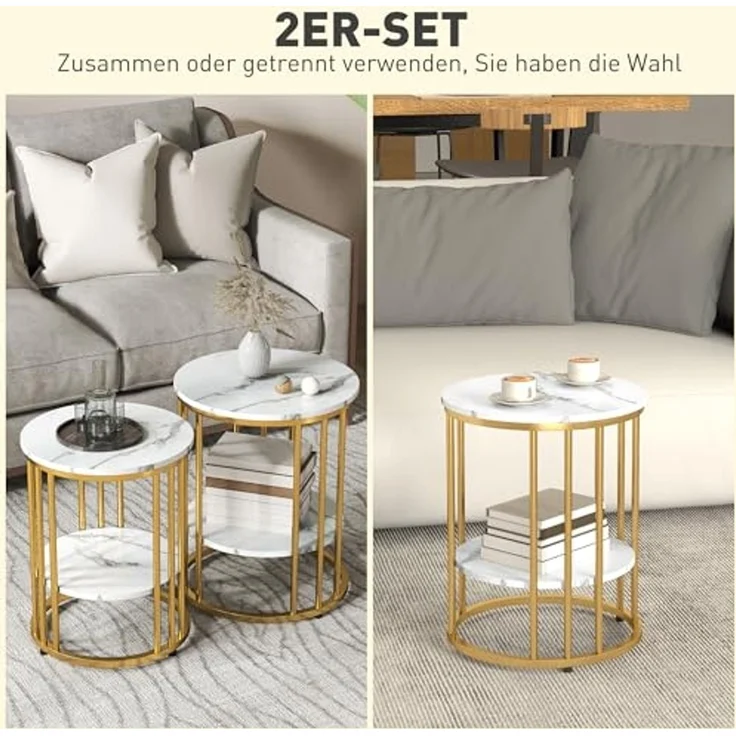 HOMCOM Couchtisch Wohnzimmertisch mit Ablage, Stahlrahmen (Sofatisch, 2-St, Beistelltisch), für Wohnzimmer Schlafzimmer Weiß – Bild 4
