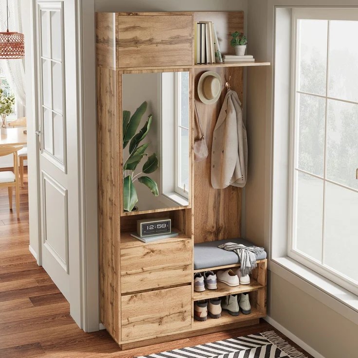 Kompaktgarderobe mit Spiegel und Sitzbank,Flurgarderobe mit Schuhschrank und Haken, Kleiderhaken,Kompaktgarderobe,Flurmöbel Set,Flurgarderobe – Bild 5