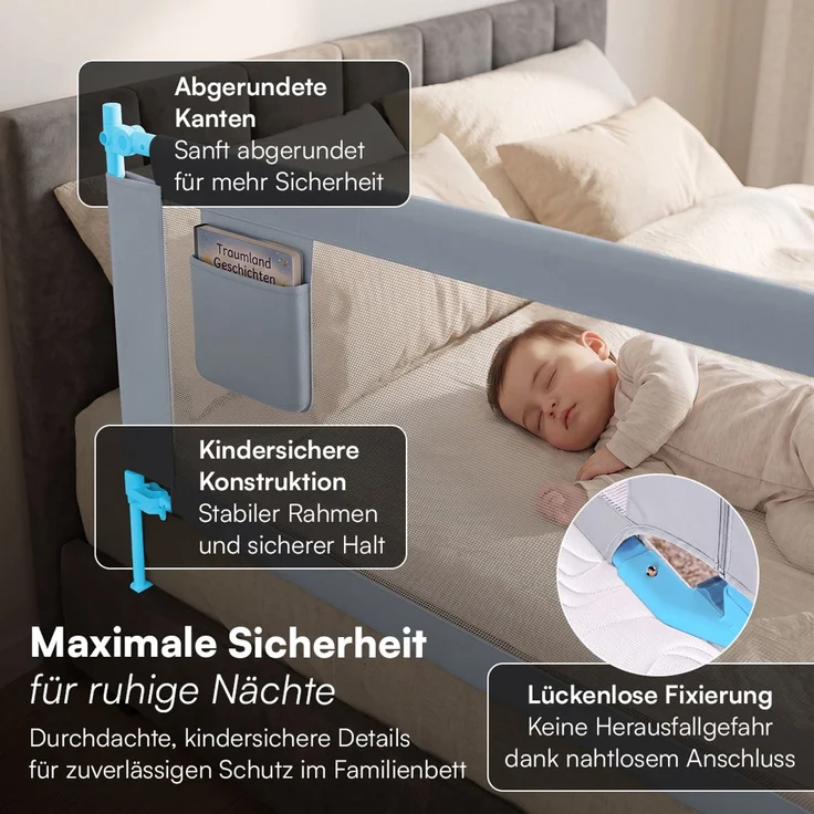 Bellabino 'Drina' Bettschutzgitter, Rausfallschutz klappbar & höhenverstellbar, aus Oxford-Stoff & Metall, 150 cm, hellgrau – Bild 6