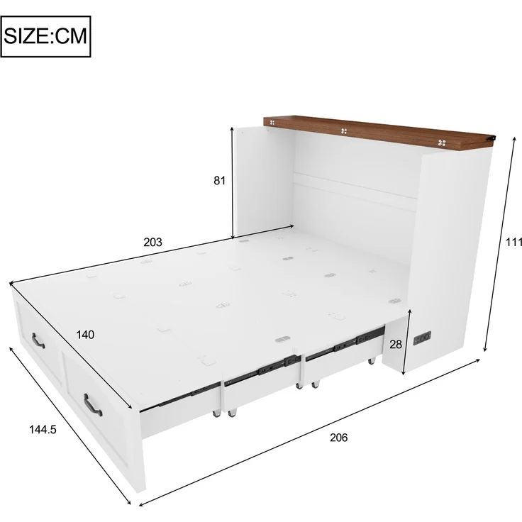 ZUBALIYA Klappbett 140 × 200 cm, Metall und Holz, Ausziehbett, Weiß – Bild 6