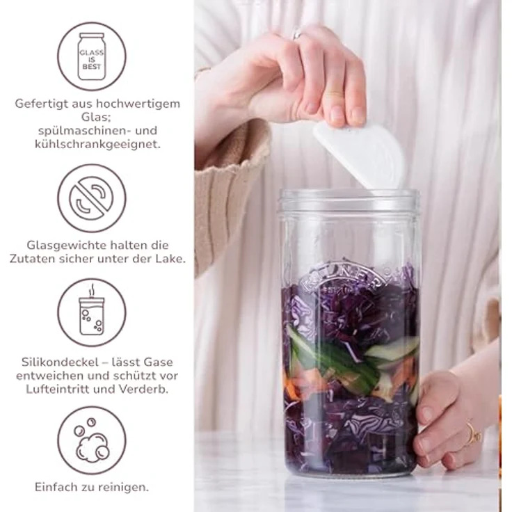 Kilner Fermentier Set / 1 Liter Glas mit Gärungsdeckel/einfaches Haltbarmachen von Gemüse/Fermentieren Starter Set/Konservieren von Gemüse, wie Sauerkraut und Kimchi/Einmachglas 1l – Bild 5