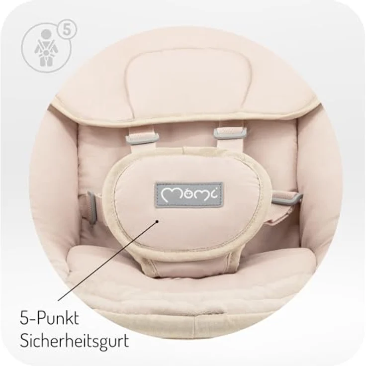 MoMi KENANI SAND Babywippe für Babys bis 9 kg, mit LED-Display, Fernbedienung & Bluetooth für Smartphone, Batterie- oder Stromanschluss, mit 5-Punkt-Sicherheitsgurt, Bügel und Spielzeug – Bild 5
