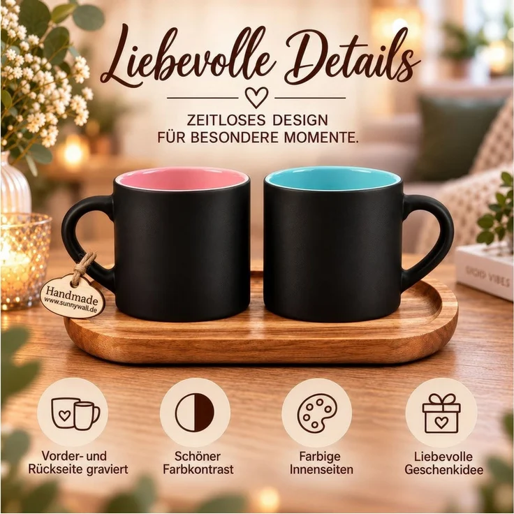 Sunnywall Tasse Oma & Opa Gravur Tassen-Set mit japanischem Akazienholzbrett, 3-tlg, Keramik, edle Gravur, farbiger Innenbereich – Bild 3