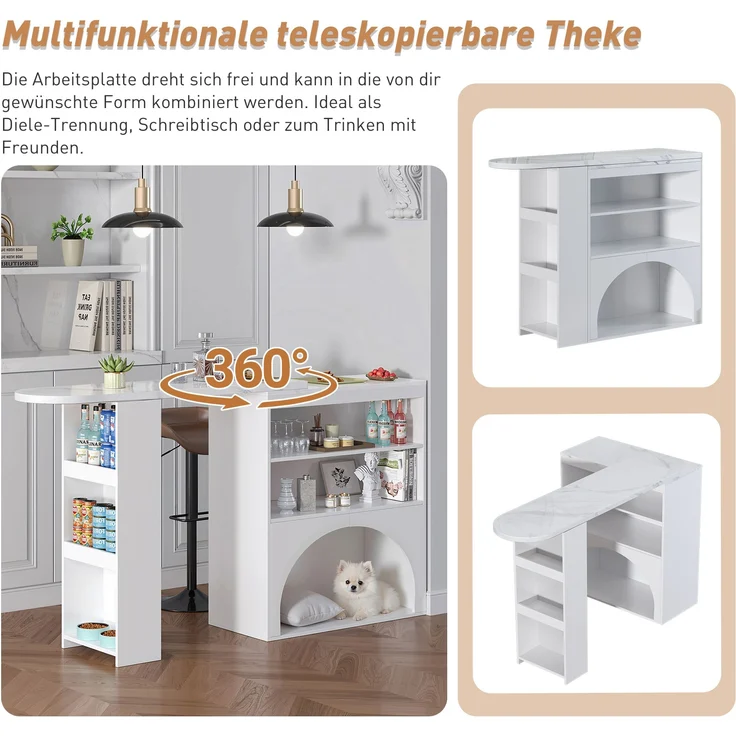 Ausziehbarer Thekentisch mit Haustierbereich, Marmoroptik, weiß, 120(+80)x40x100 cm – Bild 7