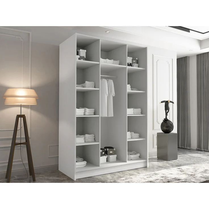 Drehtürenschrank Cikzori I, Kleiderschrank mit 3 Türen (Farbe: Weiß / Weiß Hochglanz + Schwarz) – Bild 2