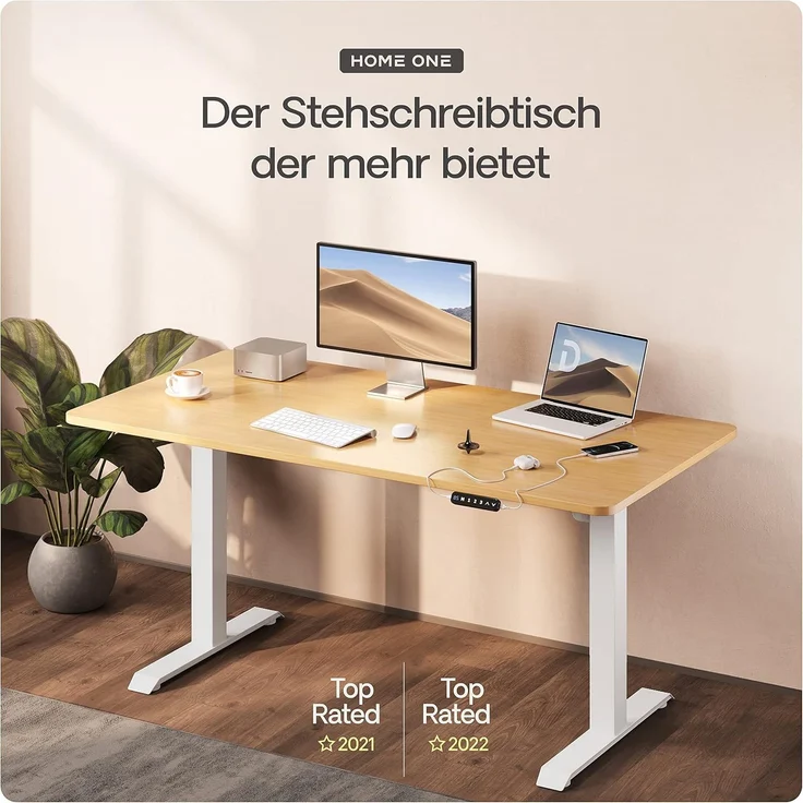 Desktronic Elektrisch Höhenverstellbarer Schreibtischgestell HomeOne , Weiß, mit Memory-Funktion, Anti-Kollisions Technologie, USB-A und USB-C-Ladeanschlüssen – Bild 2