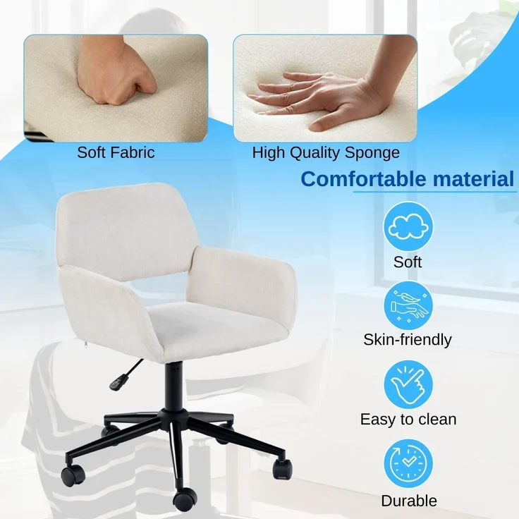 39F FURNITURE DREAM Skandinavischer Bürostuhl aus Stoff, beige, drehbar, höhenverstellbar und 5 Rollen für Kinder, die zu Hause Arbeiten, 56,5 x 57,5 x 75-85 cm – Bild 10