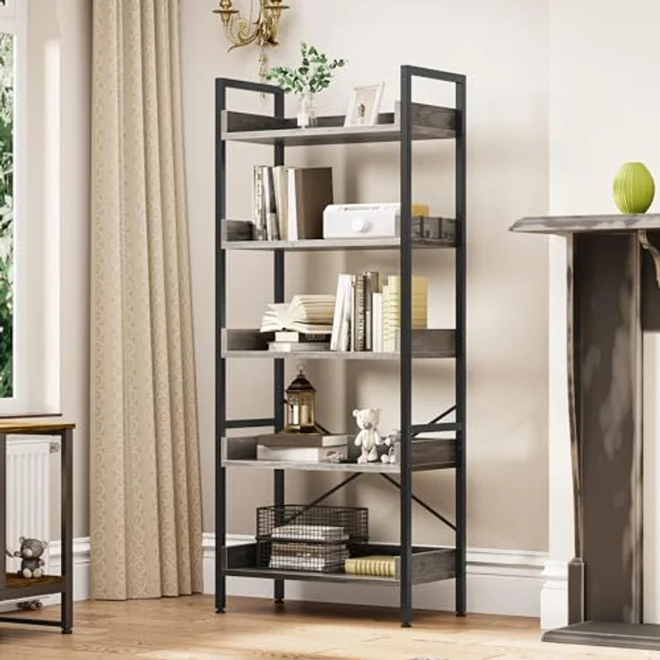 YITAHOME Bücherregal mit 5 Ebenen, bodenstehendes Bücherregal, Holzregal und stabile Stahlrahmenregale mit 4 Haken, industrielles Lagerregal für Wohnzimmer, Heimbüro, Graues Standregal – Bild 4