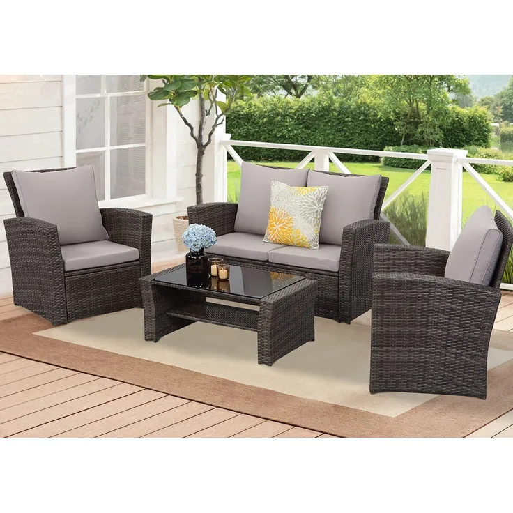 MeXo Gartenlounge-Set Balkonmöbel Set für 4 Personen, (Poly Rattan Gartenmöbel Set, 4-tlg, Lounge-Sets mit 2-Sitzer Sofa, 2 Sessel und Tisch mit Stauraum), wetterfeste Terrassenmöbel Set für kleiner Balkon
