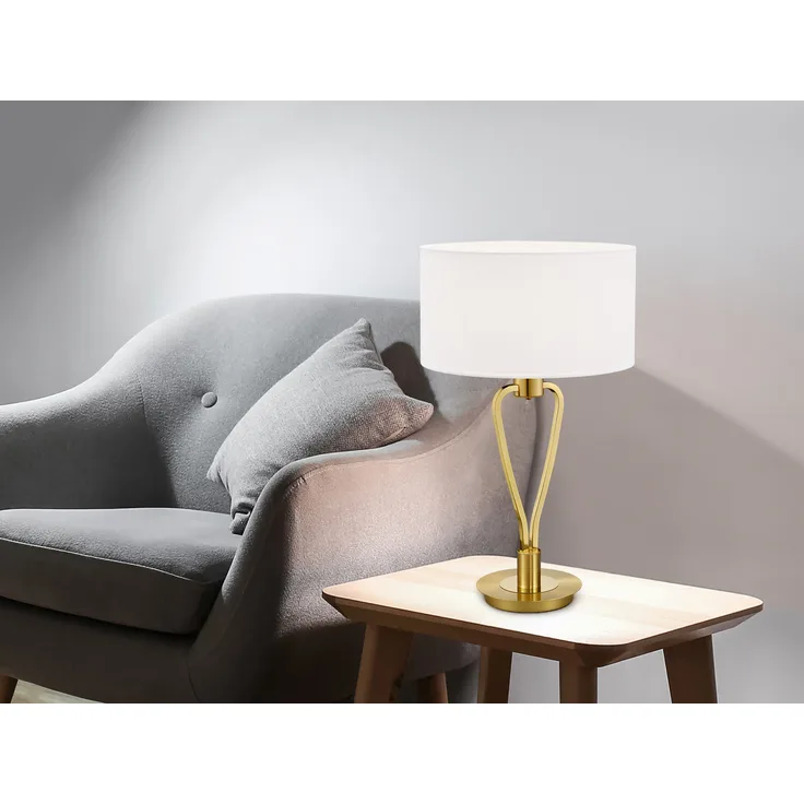 TRIO Moderne Tischleuchte mit weißem Stoffschirm in Messing matt, 58cm hoch Ø 35cm