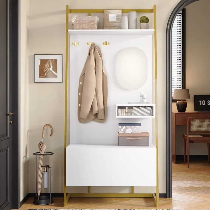Faumrta Moderne minimalistische Kompaktgarderobe, offener multifunktionaler Aufbewahrungsschrank mit Spiegel, Metallhaken,Garderobenständer mit Schuhbank, Garderobe, Schuhaufbewahrung,Kleiderständer,78CM*38.5CM*180.5CMWeißMDF (Medium-Density-Faserplatte) – Bild 7