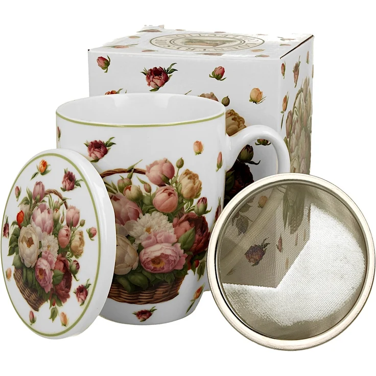 DUO Becher 360 ml BASKET OF FLOWERS PEONIES mit Teesieb, New Bone China Porzellan – Bild 3