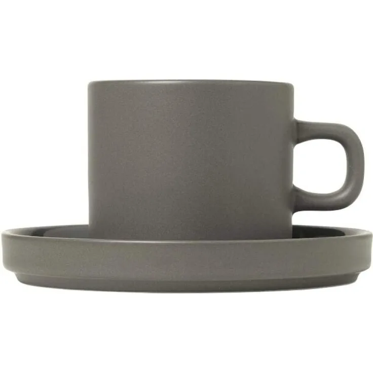 Blomus Pilar Set 2 Kaffeetassen mit Untertasse, Tasse, Becher, Henkelbecher, Keramik, Pewter, 200 ml, 63974