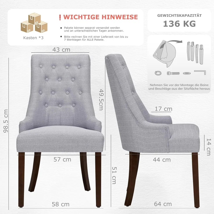 COLAMY Esszimmerstühle 6er Set, Moderne Küchenstuhl Gepolsterte Esszimmerstühle im Wingback, Polsterstuhl Wohnzimmerstuhl mit Knopfsteppung für Esszimmer, Küche, Restaurant mit Holzbeinen, Hellgrau – Bild 2
