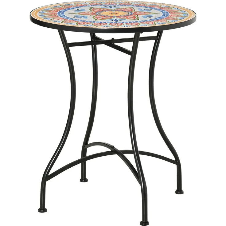 Gartentisch Mosaiktisch rund Bistrotisch Beistelltisch mit Mosaikplatte Keramik Metall Rot+Blau+Weiß Ø60 cm--Netz--60x60x71cm--YOUDENOVA