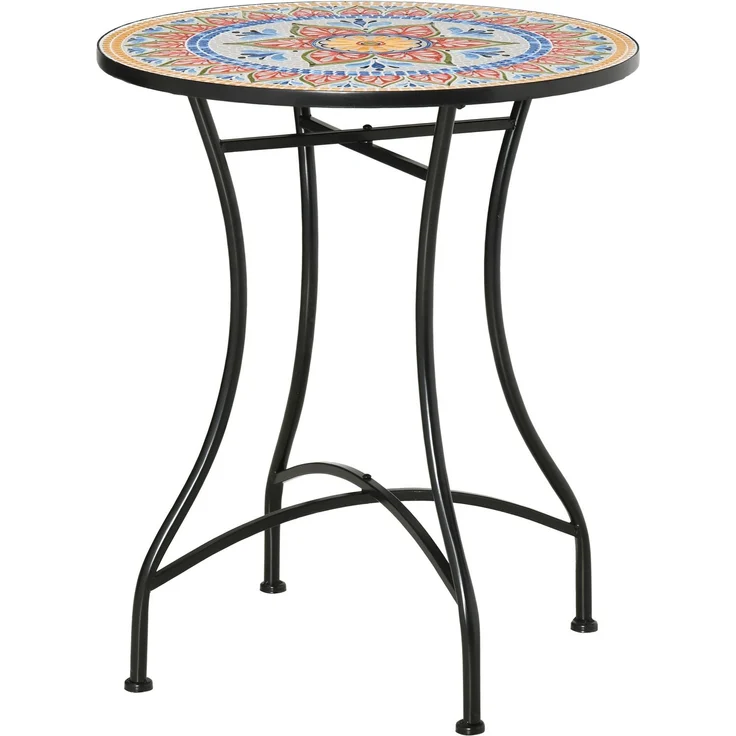 Gartentisch Mosaiktisch rund Bistrotisch Beistelltisch mit Mosaikplatte Keramik Metall Rot+Blau+Weiß Ø60 cm--Netz--60x60x71cm--YOUDENOVA – Bild 1