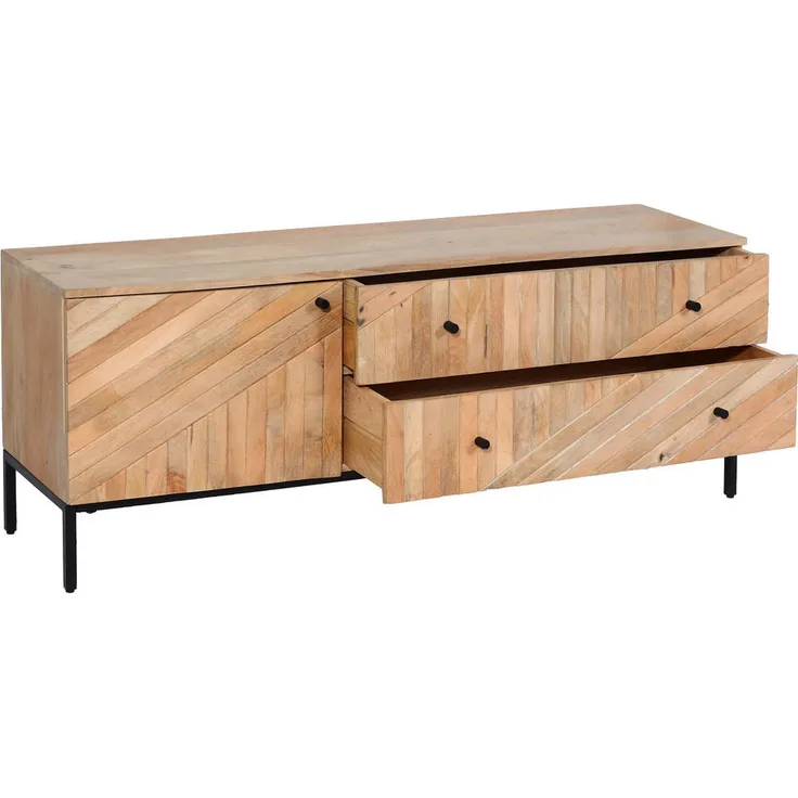 MCW TV-Rack L95, Beige, aus hochwertigem Mangoholz, mit großem Staufach, zwei Schubladen und Regalboden, 145x56x43 cm