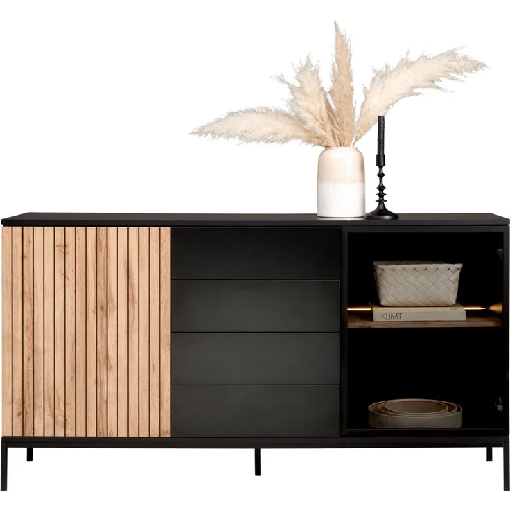 XORA 'VIANO' Sideboard Front Lamellen-Optik, Melamin Eiche schwarz, 153.6 x 83 x 38 cm, mit Beleuchtung – Bild 4