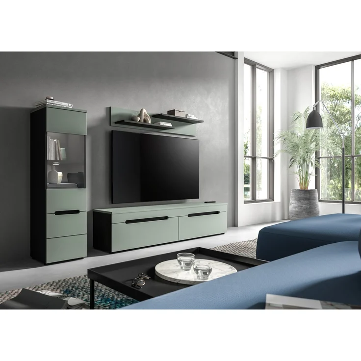 Wohnkombination inkl Beleuchtung (B/H/T: 221x141x33 cm) in Smoke Green Nachbildung – Bild 5