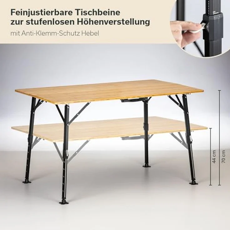 Skandika Campingtisch Tobro Bambus Klapptisch 120 x 70 cm, Gartentisch, Balkontisch, faltbar, klappbar, höhenverstellbar, bis 100 kg, wetterfest, Tragetasche – Bild 3