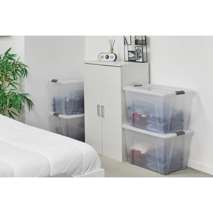 Iris Ohyama Aufbewahrungsboxen mit Deckel, 60L, 4er-Set, Silber, Sicherer Verschluss, Stapelbar, Griffe, für Schlafzimmer, Schrank, Büro, Organisation, BPA-freies Plastik, Ordnungsboxen, NTB-60 – Bild 2