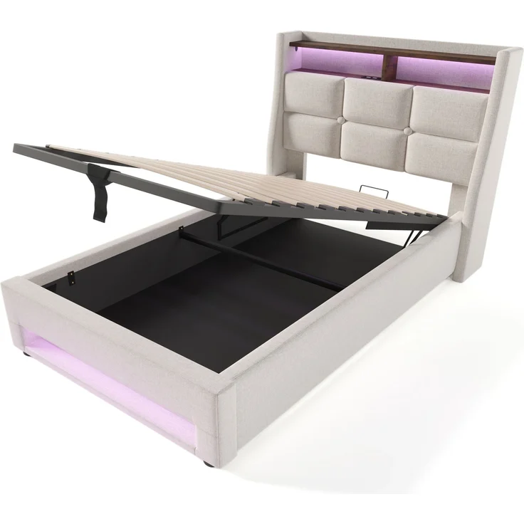 Polsterbett 90x200 cm Einzelbett mit LED-Beleuchtung, USB-Ladestation, Lattenrost und Stauraum, Leinen, Beige – Bild 10