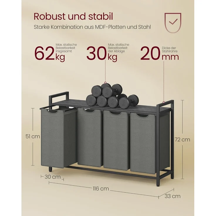 Vasagle Wäschekorb mit 4 Fächern, Metallrahmen Schwarz/Grau, 4x40L / 72 x 33 x 116 cm – Bild 4
