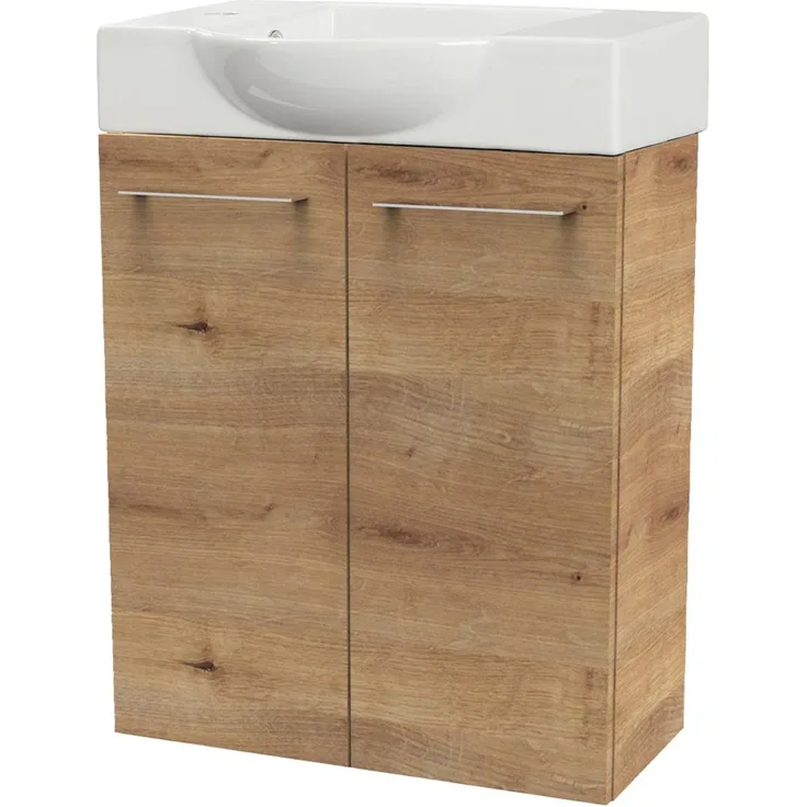 FACKELMANN SBC MILANO Gäste WC Waschtisch Set 55 cm breit, Braun hell, Waschbecken Keramik Weiß, Hahnloch links