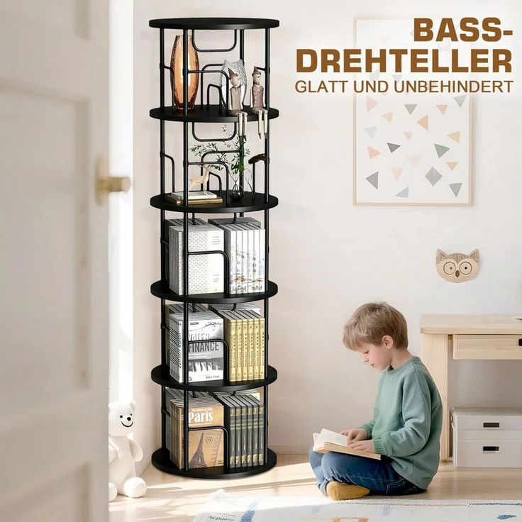 XERSEK Bücherregal 5 Ebenen 360° Drehbares Bookshelf Bodenstehendes Bücherschrank, 1.6m Aufbewahrungsregal Eckregal Spielzeugregal, für Kinderzimmer Wohnzimmer Schlafzimmer Büro Aufbewahrung – Bild 3