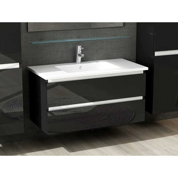 Homeline Badmöbel Set mit Schubladen Glas ablage (Marcel Schwarz, 90 cm 1x Hochschrank) – Bild 3