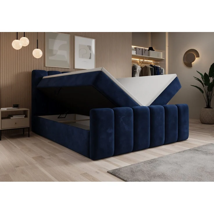 thematys Boxbett mit Bettkasten 140x200cm, mit Bonnellfederkernmatratze H3, Bouclé/Velours, mit Stauraum, mit 3 cm Topper, Blau (Velluto 11), Art.-Nr. S0ZH40NO2DG – Bild 4