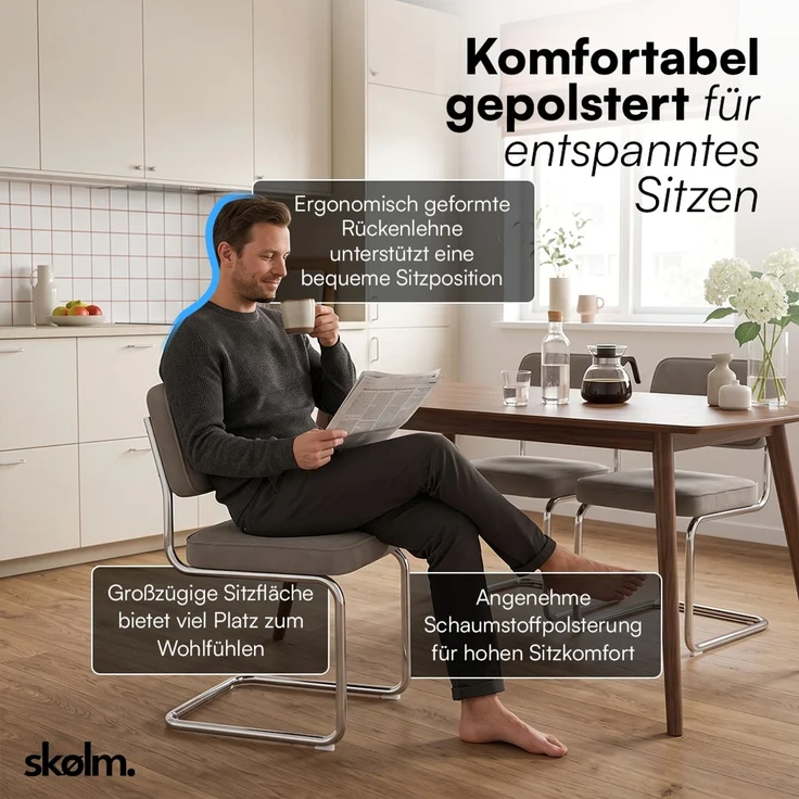 skølm 'Thund' Esszimmerstühle 2er Set, macchiato, Polsterstuhl aus Cord mit verchromten Metallgestell, Schwingstuhl bis 120 kg belastbar – Bild 6