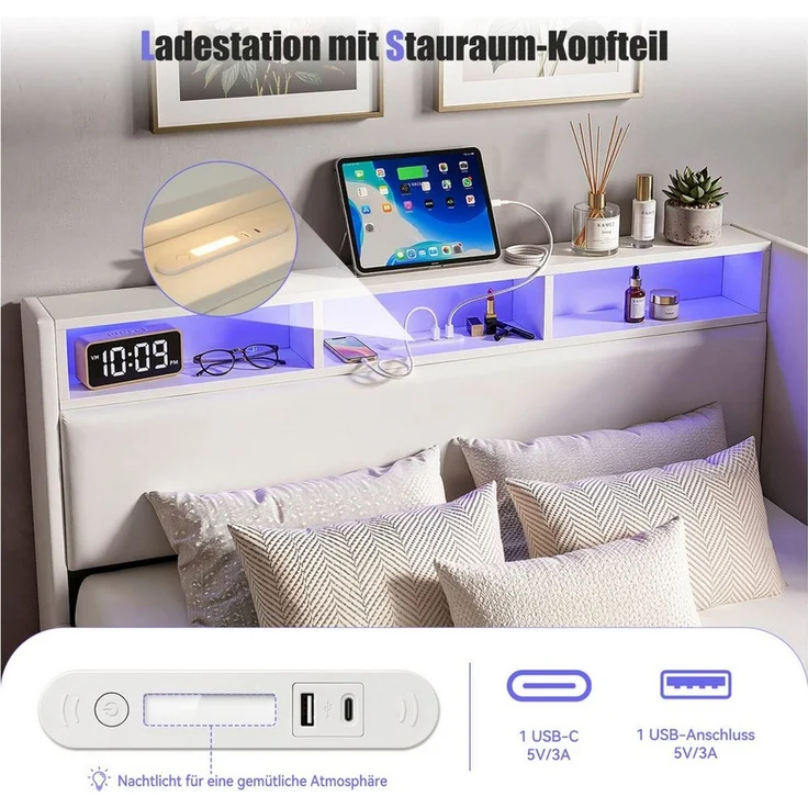 oyajia Polsterbett Daybett Tagesbett Jugendbett (Mit USB & TYPE-C, Hydraulisch hebbarer Stauraum), Schlafsofa, Mit LED-Beleuchtung, Ladefunktion, Leinen, 140x200 cm – Bild 4
