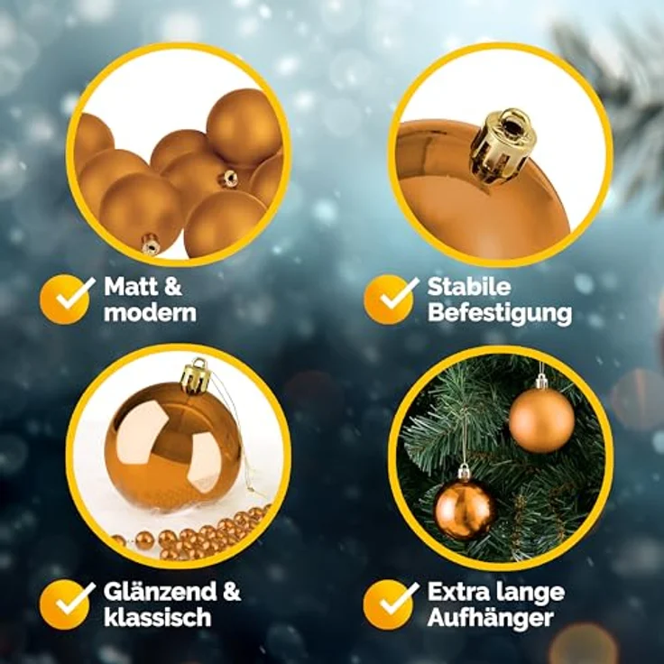 Deuba® Weihnachtskugeln 54tlg, Ø 6cm, bruchsicherer Kunststoff, matt und glänzend, Christbaumschmuck in braun, inkl. Aufhänger – Bild 5