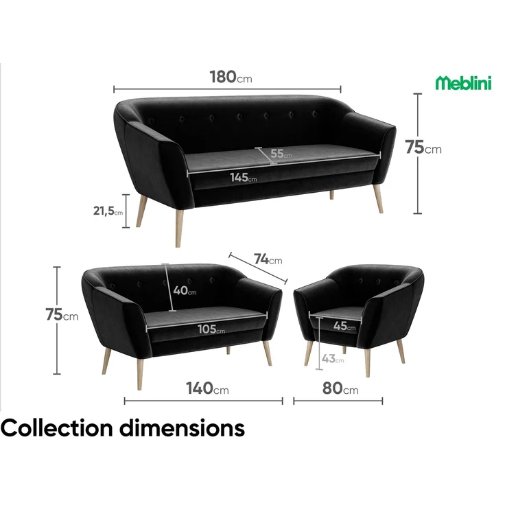 MEBLINI Mini Sofa Set 2-1 für Wohnzimmer - Mini Lounge für drei Personen - Küchensofa - Sofa Klein - Sitzgarnitur - Polstergarnitur - Sofagarnituren - DORIS - 2+1 - Schwarz Samt – Bild 7