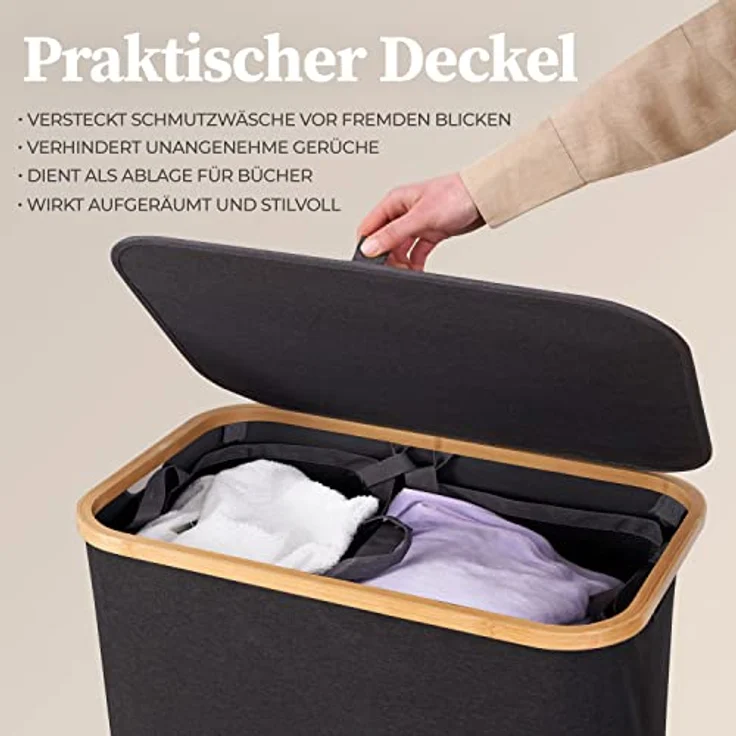 HENNEZ Wäschekorb Bambus mit Deckel 2 Fächer, 140L Wäschesack - Wäschesortierer Wäschebox Wäschetonne Wäschesammler – Bild 8