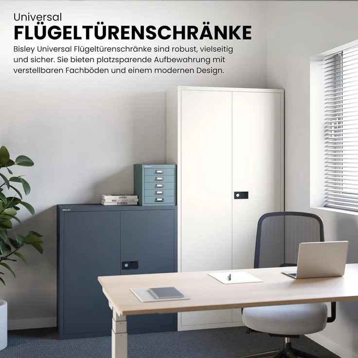 BISLEY Universal Flügeltürenschrank abschließbar - Stahlschrank mit 3-Punkt-Schloss, Tiefe: 50 cm - Werkstattschrank aus Metall mit 1 verzinkten Fachboden für 2 Reihen - Farbe: lichtgrau, HC402S1G-645 – Bild 10