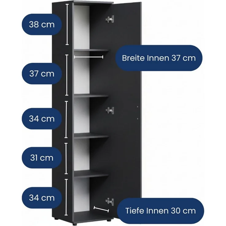 Home Collective Mehrzweckschrank Schmaler Schrank 40 cm breit mit 1 Tür & 4 Einlegeböden (Universalschrank Haushaltsschrank für Haushalt, Flur, Büro oder Schlafzimmer) 40x35x184 cm (BxTxH), Anthrazit – Bild 3