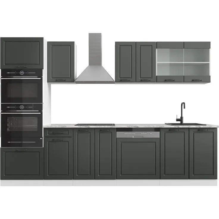 Küchenzeile R-Line Anthrazit Landhaus/Weiß 300 cm mit Hochschrank, ohne Arbeitsplatte Vicco