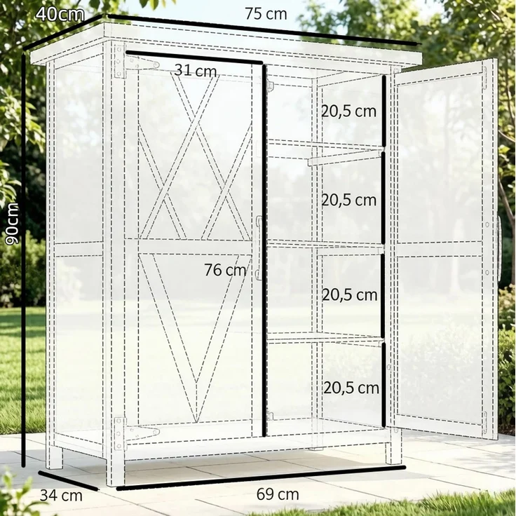 Gartenschrank 75 x 40 x 90 cm aus Tannenholz mit drei Regalböden und verzinktem Blechdach – Bild 3