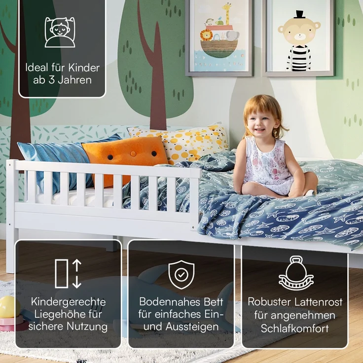 Bellabino 'Vils' Kinderbett 90x200 cm mit Matratze, weiß, Kiefer Massivholz, Montessori Bett mit Lattenrost und mit abnehmbarem Rausfallschutz – Bild 3
