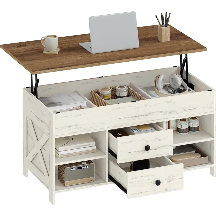 Couchtisch, höhenverstellbar, 2 Schubladen und Versteckter Stauraum, Weiß-Braun, 50 x 100 x 47,3-61,3 cm